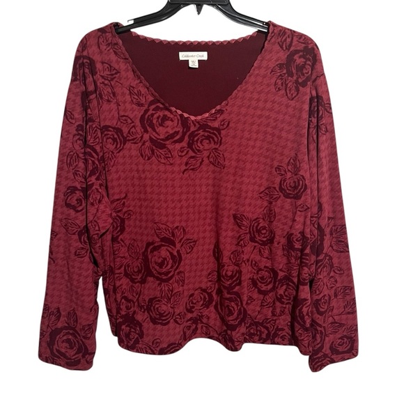 Coldwater Creek Sweaters - Coldwater Creek Top Womens 3X Maroon Floral Check Velvet Fleece Lined